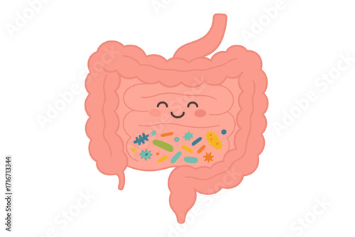 Happy intestine gut flora concept. Gastrointestinal tract and digestive system with good microbiome bacteria. Probiotics and prebiotics for gut health. Cute kawaii cartoon vector.