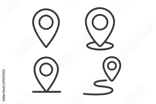 Location pin icon set. Map pointer, navigation symbol, and destination marker. GPS place sign for travel and route. Vector line art illustration on a white background.