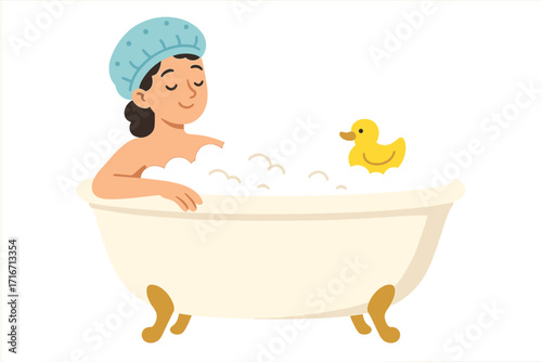 Relaxing woman in shower cap taking a bubble bath with yellow rubber duck. Girl in bathtub full of soap foam. Bathroom hygiene, wellness, and self-care concept illustration.