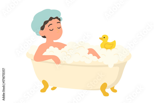 Woman in shower cap taking a bath with soap foam. Yellow rubber duck in vintage bathtub. Concept of hygiene, relaxation, spa day, self care, and personal wellness.