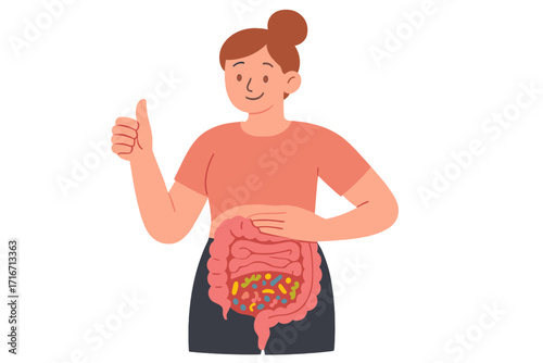 Healthy gut flora concept. Happy woman with good digestion. Gastrointestinal tract, digestive system with balanced microbiome, probiotics. Health, wellness vector cartoon.