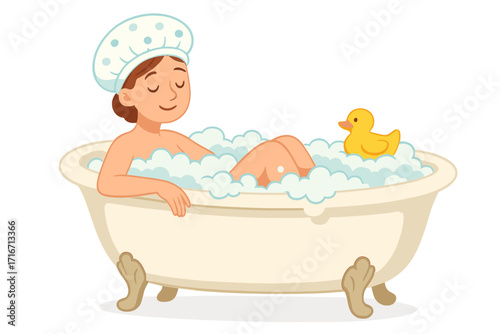 Woman in shower cap taking a bath with soap foam. Yellow rubber duck in vintage bathtub. Girl relaxing in bathroom. Personal hygiene, self care and wellness concept.