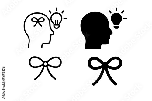 Reminder icon set with bow and lightbulb. Metaphor for memory, Alzheimer's, and dementia. Mental health concept. Head silhouette for psychology and brain function ideas.