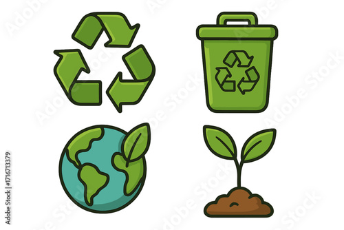 Eco friendly icons set. Recycling symbol, waste bin, planet earth, and plant sprout. Sustainability and conservation concepts. Green energy and ecology vector cartoon graphics.
