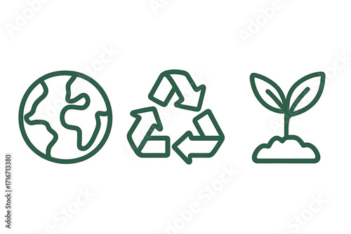Simple eco-friendly linear icons featuring Earth globe, recycling symbol, and young plant sprout in soil, green environmental conservation vector set, minimal nature illustration
