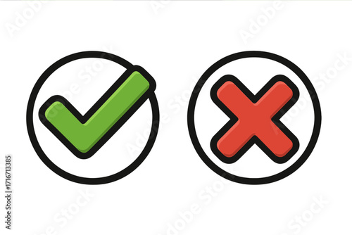 Green check mark and red cross icon set. Yes and no button symbols. Right, wrong, approved, rejected, correct, incorrect signs. Vector illustration for choice, vote, test, survey.
