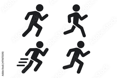 Running man icon set. Runner silhouette pictogram collection. Simple flat vector graphic for sport, fitness, exercise, and marathon. Fast run, sprint, and jogging symbols.