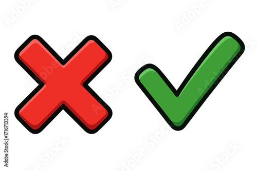 Green check mark and red cross vector icons. Yes and no symbols for correct and incorrect. Right or wrong choice concept for decision, test or vote. Pass or fail signs.