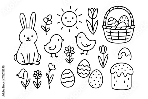 Cute Easter hand drawn doodle elements set. Spring holiday bundle with rabbit, chick, flowers, egg hunt basket, cake, sun. Vector black and white linear illustration for kids.