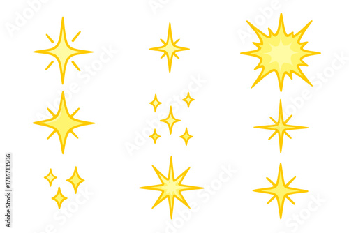 A set of vector cartoon sparkle icons. Yellow shining stars, light flashes and glitter bursts. Magical twinkle and glow effects. Clean and new concept illustration isolated.