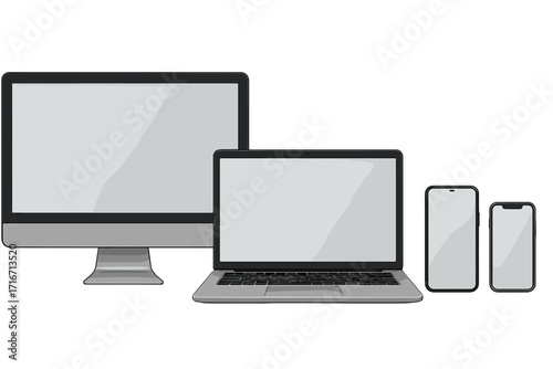 Device mockup set. Realistic monitor, laptop, phone. Blank screen for responsive web design. Vector for UI, UX presentation. Digital gadget template for portfolio display.