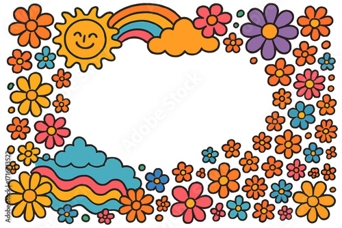 Groovy psychedelic flower power frame with retro 70s flowers, happy sun, and rainbow. Hippie cartoon border background for banners. Abstract vector illustration with blossoms.