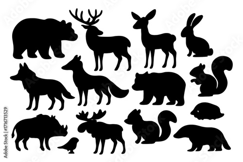 Woodland animals silhouette set. Forest wildlife vector collection. Black isolated icons of bear, deer, wolf, fox, moose, squirrel, rabbit, wild boar, hedgehog, bird.