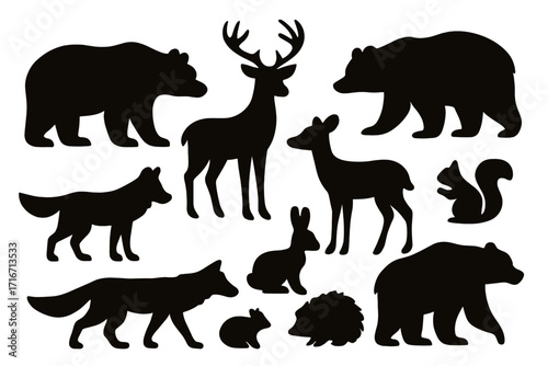 Woodland animals silhouette set. Forest wildlife collection. Bear, deer, wolf, fox, squirrel, rabbit, hedgehog vector icons. Black isolated graphic elements for design. Fauna.