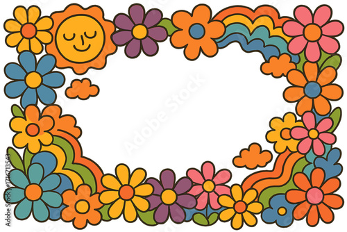 Groovy psychedelic flower power frame. Abstract art banner with blossoms, rainbow, clouds, sun. Colorful blooms on a funny floral background. 70s retro vector illustration.