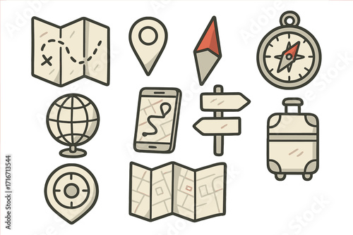 Travel icon set. Hand drawn navigation symbols. Map, compass, GPS, location pin. Adventure journey destination concept. Vector cartoon illustration for tourism and trip guide.