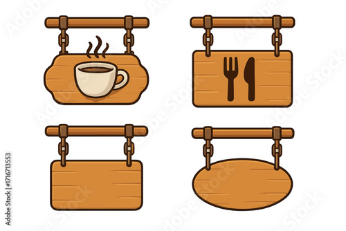 Wooden signboard set for coffee shop and restaurant. Vector cartoon hanging signs collection. Wood banner template with empty space for text. Cafe and food menu icon.