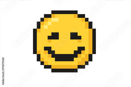 Pixel art smile icon. Happy face emoji with a retro 8-bit gaming aesthetic. Vector cartoon illustration of a yellow emoticon. Digital graphic for expressing joy and positivity.