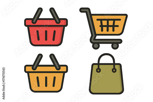 Shopping icon set with cart, basket, bag. Flat colorful vector illustration for e-commerce, retail, website. Online store, market, buy, purchase, order, add to cart symbols.