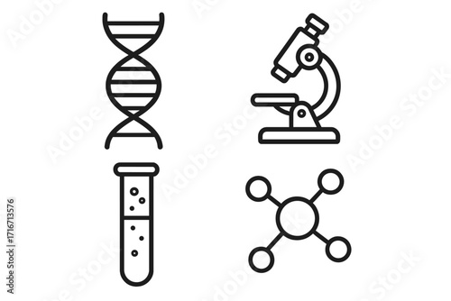 Simple linear science icons with DNA, microscope, test tube, molecule designs. Vector cartoon illustration set with transparent background, scientific research, lab equipment symbols