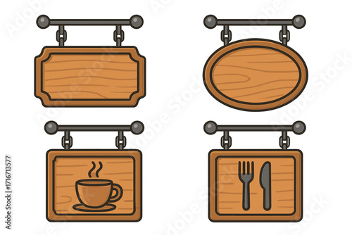 Hanging wooden signboard vector icon set. Cartoon sign for coffee shop, restaurant, or pub. Blank wood banner plus coffee cup and cutlery symbols. Isolated illustration.