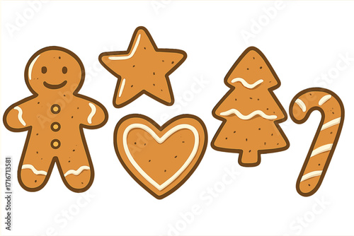 Christmas gingerbread cookie set. Hand-drawn vector cartoon illustration of festive holiday shapes: gingerbread man, star, heart, tree, candy cane. Isolated sweet dessert.
