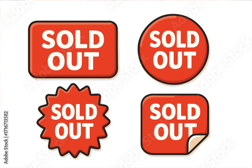 Sold out red badges and sale stickers set. Vector illustration for retail and e-commerce. Out of stock sign for promotions, limited offer or final sale. No items available.