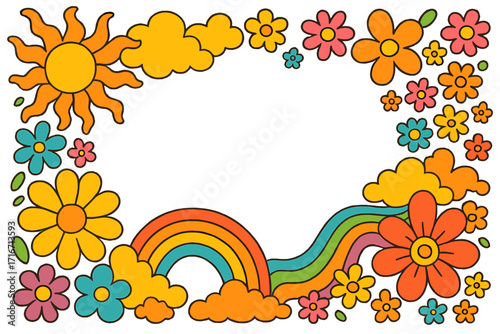 Groovy psychedelic flower power frame with retro 70s daisy flowers, rainbow, and sun. Hippie cartoon border for banners. Abstract floral background with colorful blooms.