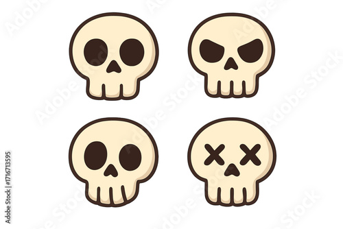 Cartoon skull icon set for Halloween. Cute spooky character head collection with different emotions. Vector flat design emojis, skeleton face, dead symbol, angry expression.