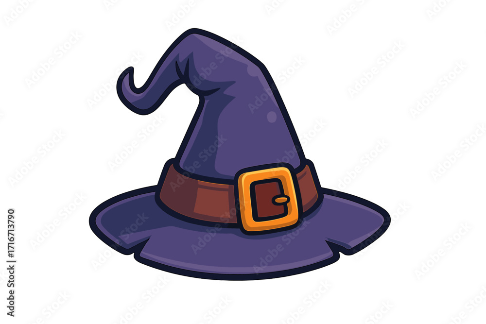 Naklejka premium Witch hat vector illustration. Halloween costume accessory. Magic wizard cap icon for spooky party design. Cartoon fantasy sorcerer headwear symbol. Isolated on white.
