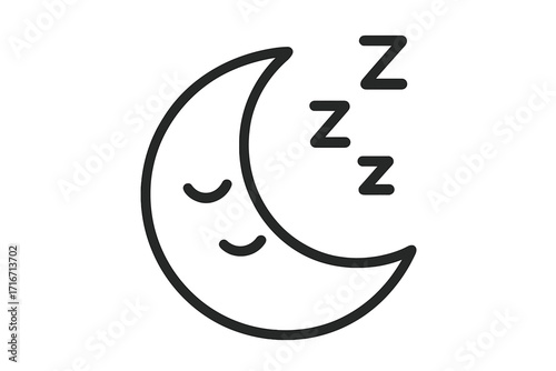 Sleeping crescent moon icon with closed eyes and peaceful smile, simple linear black outline, cartoon vector illustration for websites and apps, transparent background, isolated night symbol
