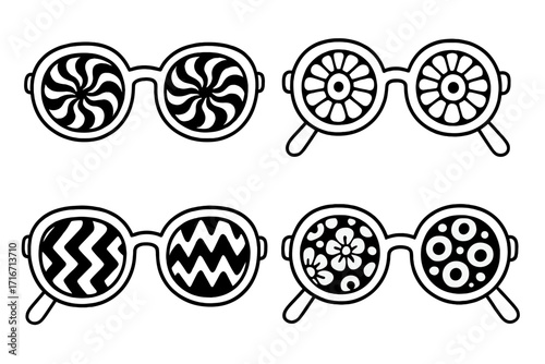 Groovy psychedelic sunglasses set in trendy retro 1970s style. Trippy hippie fashion accessory with abstract geometric patterns. Hand drawn vector doodle illustration icons.