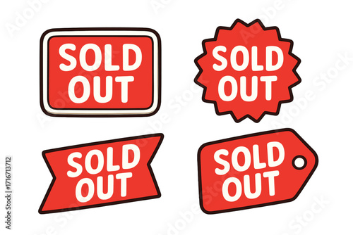 Set of red sold out signs for retail and e-commerce. Vector badges, stickers, and tags indicating unavailable products. Marketing and sales labels for stores and shops.