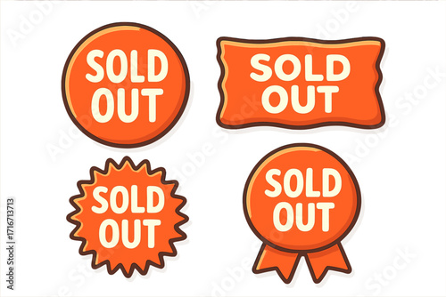 Sold out vector sticker set. Cartoon badge collection for sales and promotions. Out of stock retail label. Commercial tag design element. E-commerce symbol for sold items.