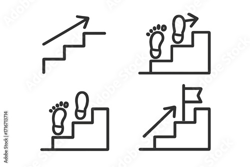 Steps to success icon set. Career ladder, growth, and progress concept. Up arrow, footprint on stairs, and goal flag. Linear vector illustration for business success.