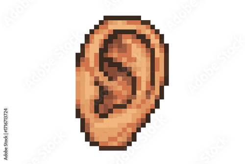 Pixel art human ear isolated. Realistic 8-bit hearing sense organ made of small squares. Trendy retro vintage vector illustration for gaming, medicine or anatomy. Listen icon.