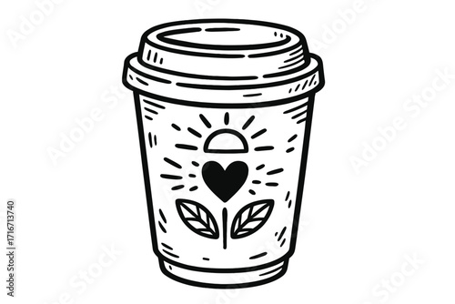 Hand drawn coffee to go cup with an inspirational heart flower design. Vector line art illustration of a takeaway paper cup with a rising sun. Morning coffee love concept cartoon.
