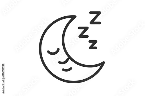 Sleeping crescent moon icon with peaceful face and Zzz signs, simple linear style, isolated vector cartoon illustration for websites and apps, transparent background, restful night concept