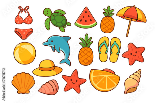 Summer beach vacation icon set. Cute cartoon collection with turtle, dolphin, starfish, shells, bikini, hat, flip flops, umbrella, ball, pineapple, watermelon. Vector fun elements.