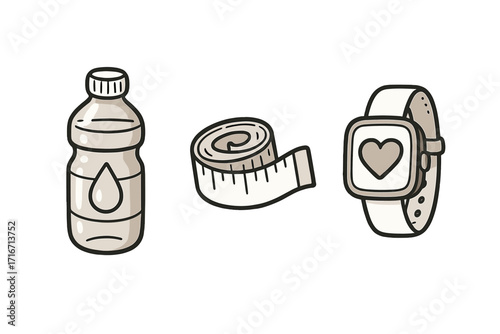 Hand drawn fitness icons set for health and wellness. Vector cartoon illustration of a hydration bottle, measuring tape for weight loss, and a smartwatch for heart rate tracking.