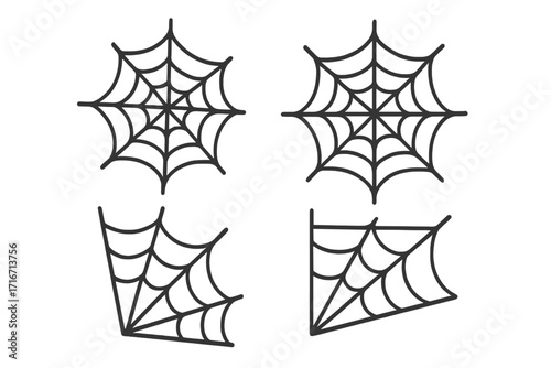 Spider web icon set. Halloween decoration element. Cobweb vector illustration. Spooky corner spiderweb graphic collection. Horror net trap symbol. Creepy insect fear concept.