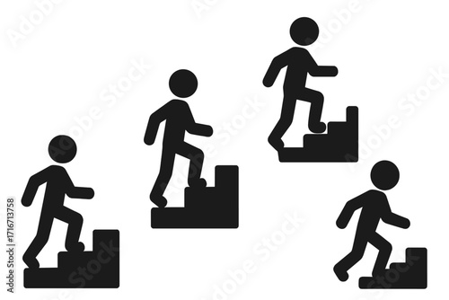 Man walking up stairs icon set. Step by step progress, career growth, and success concept. Business development stages silhouette vector illustration for infographics.
