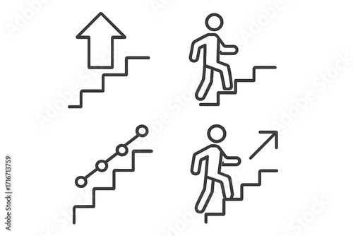 Steps icon set. Career ladder, growth, and success concept. Man on stairs. Progress and personal development symbol. Up arrow sign. Infographic element. Vector illustration.