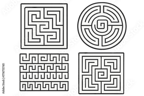 Set of hand drawn maze and labyrinth puzzles. Vector collection of intricate geometric patterns with Greek key meander motifs. Abstract ancient symbols for challenge and solution.