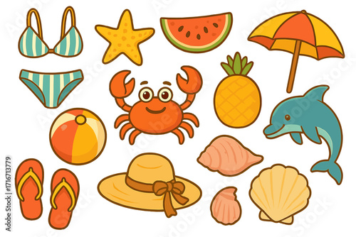 Summer beach vacation icon set with cute cartoon animals and objects. Includes crab, dolphin, starfish, shells, bikini, flip flops, pineapple, watermelon, sun hat, and ball.