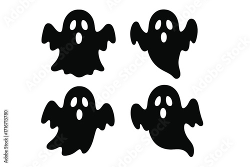Set of ghost silhouettes. Halloween scary ghostly monster. Spooky horror symbol collection. Cute cartoon phantom character icon for october holiday party celebration design.