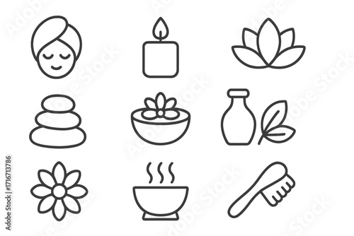 Spa and wellness minimalist line art icons set for relaxation and self-care, vector cartoon illustration collection with candle, lotus, massage stones, bowl, oil, flower, and brush