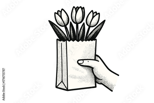 Hand holding paper bag with tulip flowers. Spring gift delivery concept. Halftone vector illustration. Retro dotted texture art for greeting card, t-shirt print, emblem.
