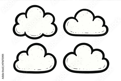 Set of hand drawn cloud doodle elements. Vector illustration of rounded thought bubbles in simple y2k grunge style. Comic paint texture design for sticker, print, artwork.