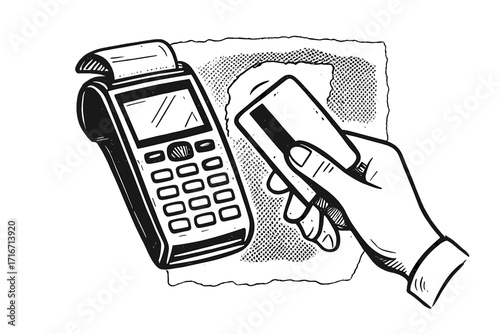Credit card payment at POS terminal. Hand holding card for cashless, contactless transaction. Retail purchase concept. Torn paper halftone collage. Finance vector cartoon.